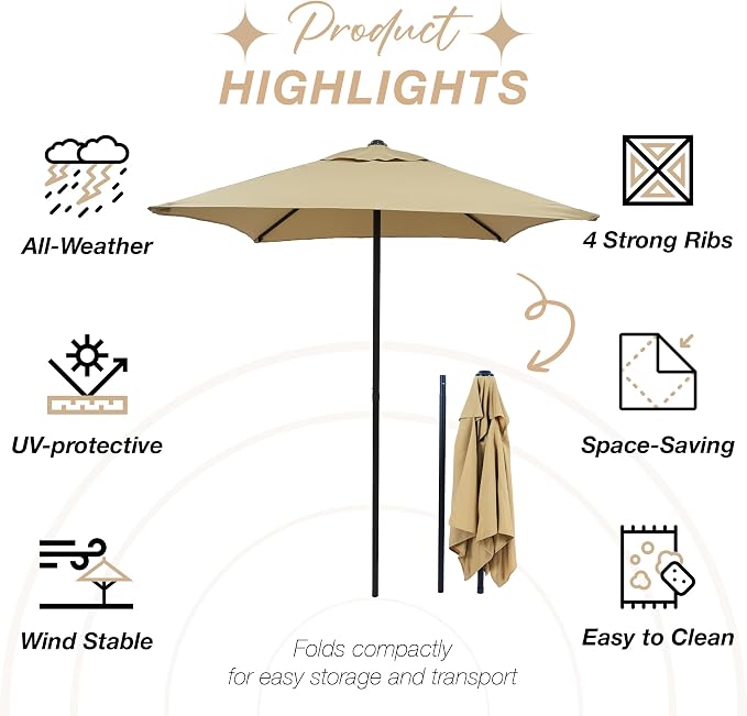 6-Piece Outdoor Patio Furniture Set for 4, Patio Table and Chairs Set with Umbrella, All-Weather Steel Frame & Glass Top Dining Table Set for Backyard, Lawn - Tan