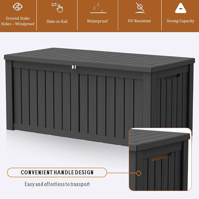 FEFLO 120 Gallon Waterproof Resin Deck Box, Heavy-Duty Outdoor Storage Box | Lockable Lid & UV-Resistant Patio Storage Chest for Garden Tools, Pool Accessories, Package Delivery, Toys, Furniture