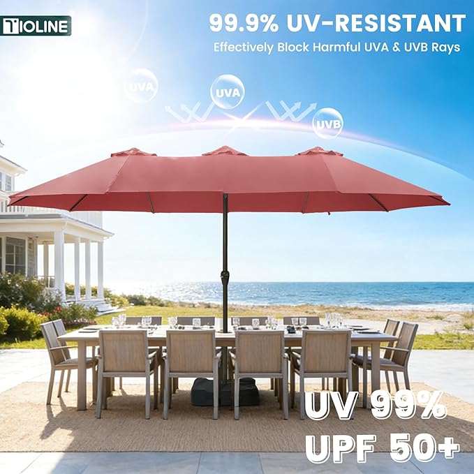 15FT Large Patio Umbrellas with Base Included, Outdoor Double-Sided Rectangle Big Market Umbrella with Stand, Outside Umbrellas for Poolside Lawn Backyard,Red