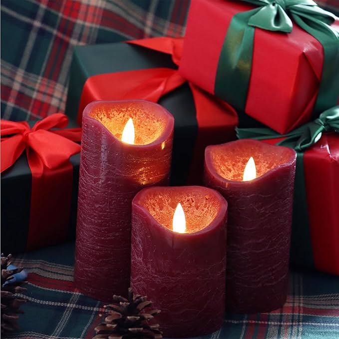 Flameless LED Candles Set of 3 (D 3’’ x H 4’’ 5’’ 6’’) Real Wax Battery Operated Candle with Timer Home Decorative Pillar Flickering Lights,Wedding Party Events Decor,Burgundy