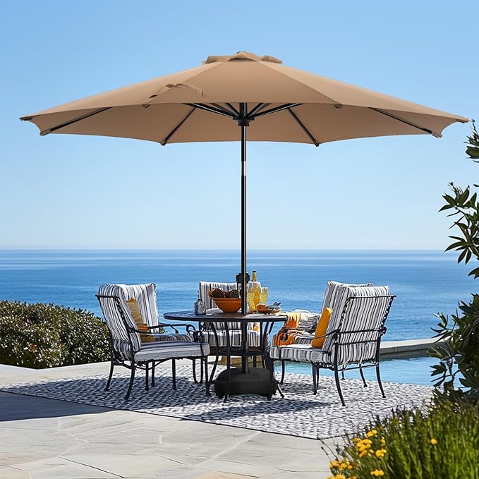 wikiwiki 10FT Patio Umbrella with Base, Outdoor Umbrellas with Base Included, 8 Sturdy Ribs, Waterproof Fade Resistant POLYESTER DTY Canopy for Deck, Lawn, Garden, Backyard & Pool, Tan