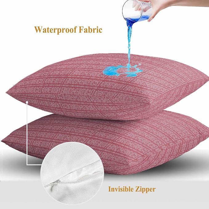 Outdoor Waterproof Throw Pillow Covers Set of 2 Pink Stripes Grain Pillowcases 18x18 Inches Solid Color Decorative Pillows Cushion Case Patio Pillows for Couch Bed Chair Garden