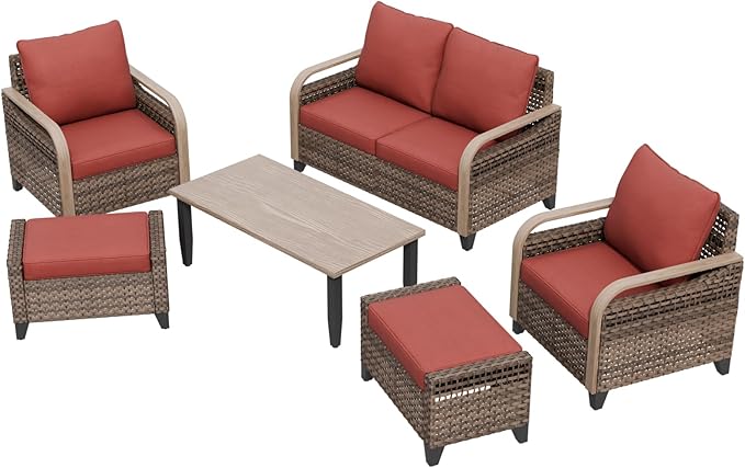 Modern Wicker Patio Furniture Set, Rattan Outdoor Conversation Set with Comfortable Cushions, 2 Patio Chairs, 2 Seat Loveseat, 2 Ottomans and Coffee Table, 6 Pieces, Brown/Red