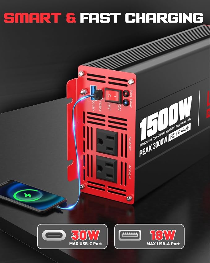 1500 Watt Power Inverter DC 12V to AC 110/120V with Dual Outlets USB-C 30W USB-QC 18W Fast Car Charger Adapter for Vehicles Home RV Car Truck Off-Grid Solar System Converter