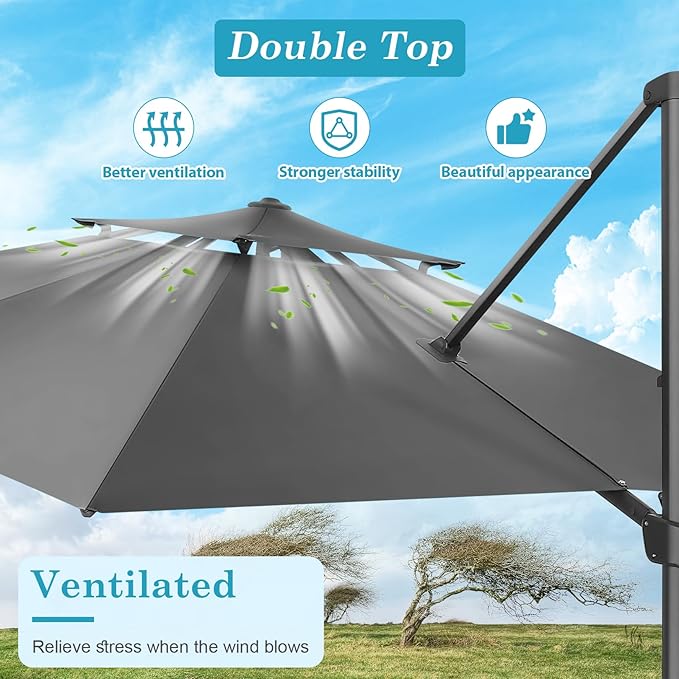 HOTEEL10x10ft Patio Umbrella Cantilever Umbrellas Double Top - Upgrade and Intensify - 360 Rotation and 5 Angles Adjustment - Aluminum Offset Pool Umbrella Outdoor Umbrellas for Patio Garden Pool