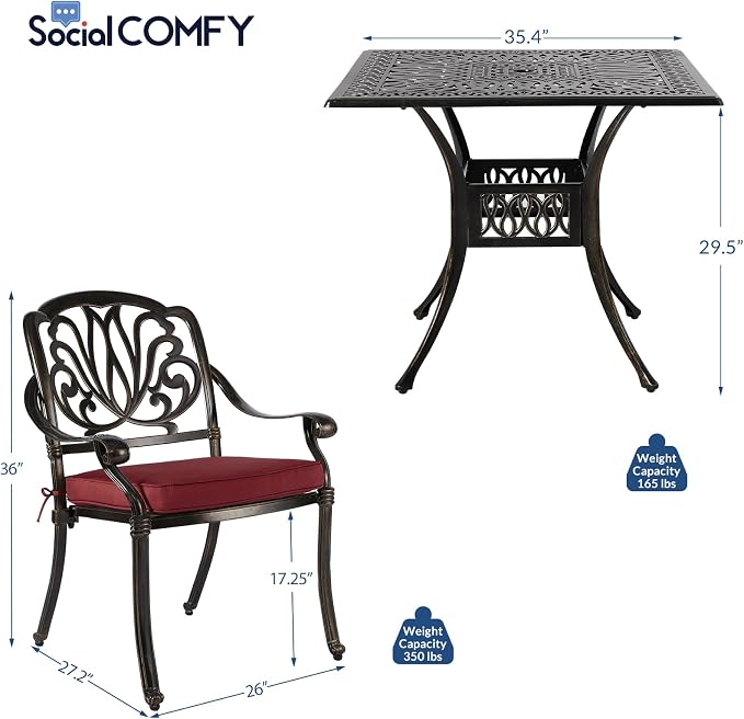 5-Piece Outdoor Patio Dining Set, All-Weather Cast Aluminum Patio Table Set, Include 4 Cushioned Chairs and a 35.4 inch Square Table w/Umbrella Hole for Balcony Garden Backyard, Red