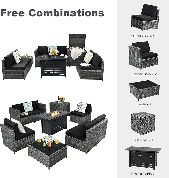 Tangkula 9 Pieces Patio Rattan Furniture Set, Patiojoy Sectional Sofa Set w/Storage Box, Coffee Table, Outdoor Wicker Conversation Set w/ 42” ETL Approved Propane Fire Pit Table (Black)
