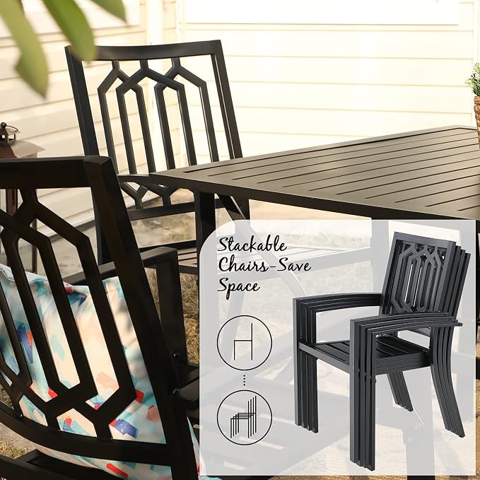 PHI VILLA 7 Pcs Outdoor Dining Set& 64" Rectangular | Metal Table w/ Umbrella Hole and 6 Stackable Dining Chairs.Perfect for Patio, Garden, Deck, Porch, and Yard