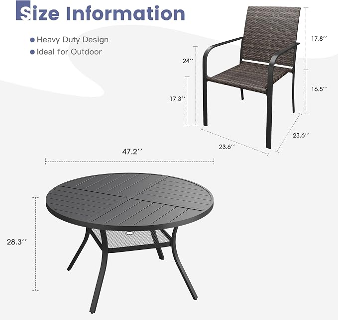 VICLLAX 7 Pieces Outdoor Dining Set, 6 Stakable Wicker Patio Chairs and 47" Patio Round Metal Table with Umbrella Hole for Backyard Lawn Garden, Black Tabletop