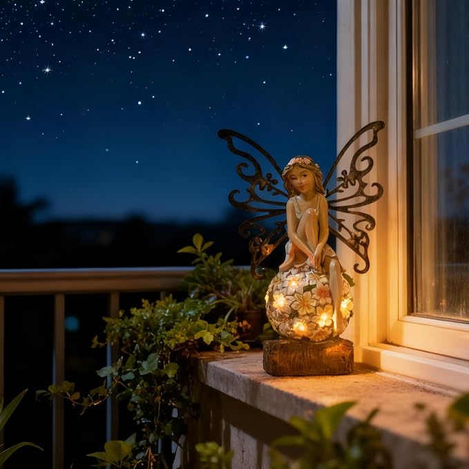 Suyorpe Solar Garden Fairy Statues Light Outdoor Decor - Fairies for Fairy Garden Housewarming Ornament for Patio, Lawn, Yard, Pathway Unique Gift Ideas for Gardening Mom Grandma ﻿