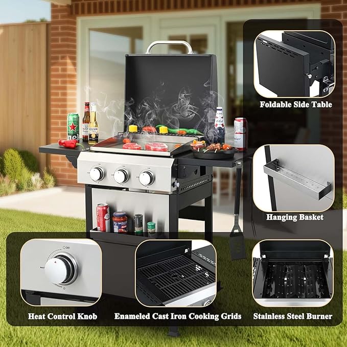 3 Burner BBQ Propane Gas Grill with Plancha Griddle, Stainless Steel Patio Garden Barbecue Grill with Two Side Shelves,36,900 BTU Outdoor Barbecue Cooking with Top Cover Lid