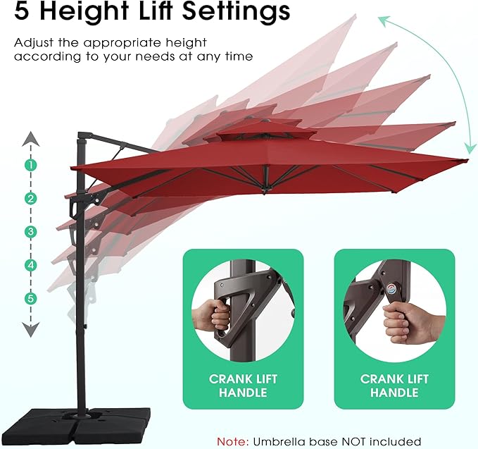 JEAREY 12ft 2-Tier Cantilever Patio Umbrella, Large Square Outdoor Offset Umbrella with Double Top Vent and 360-degree Rotation for Garden, Deck, Pool, Patio, Red