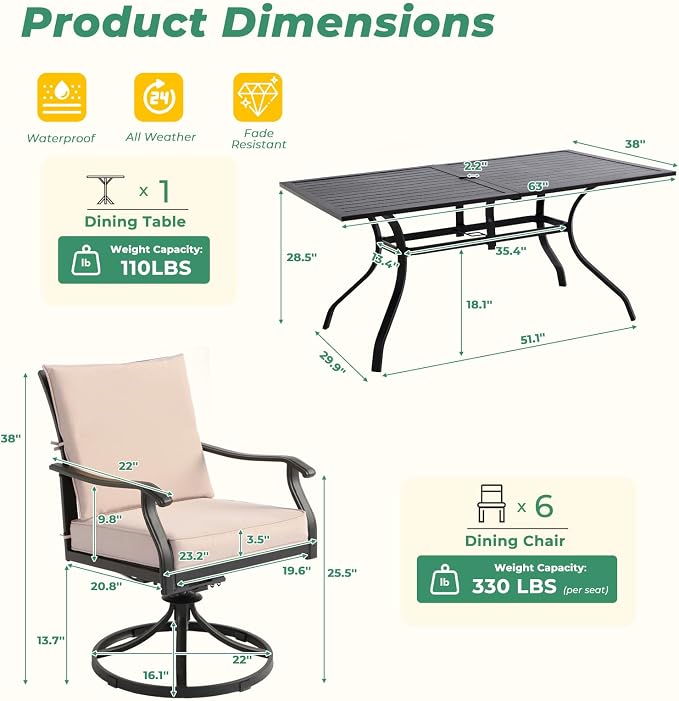 LVUYOYO 7-Piece Outdoor Patio Dining Set, Metal Swivel Chair & Rectangular Table Set, All-Weather Furniture for Backyard, Garden,Balcony,Porch (1 Rectangular+ 6 Swivel Chairs)