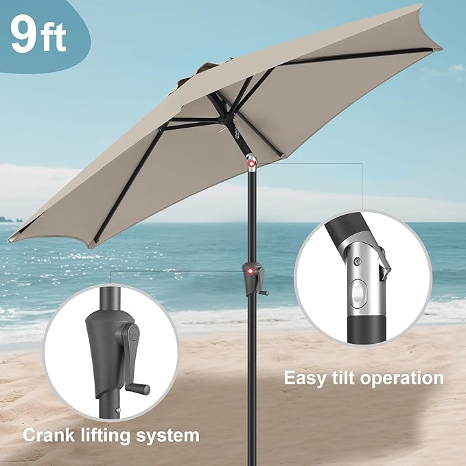FLAME&SHADE 9ft Patio Umbrella Outdoor - Table Umbrella with Push Button Tilt and Crank, UV Protection, 6 Sturdy Ribs, Market Umbrella for Garden, Deck, Backyard, Lawn, Pool and Beach(Taupe)