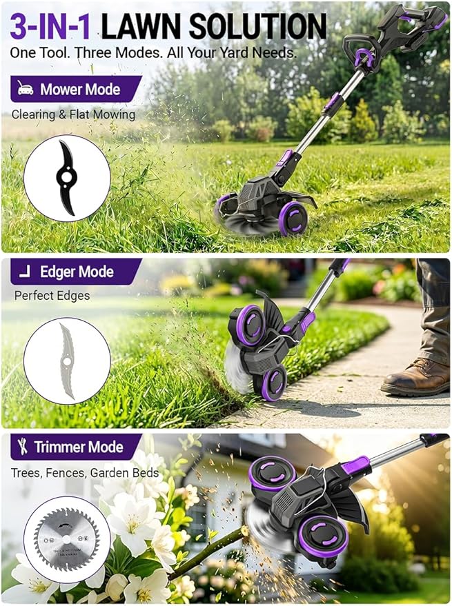 Cordless Weed Wacker, GearBrushless Motor, 20V 5.2Ah Battery Powered, 3 in 1 Edger/Mower/Trimmer with Metal Blade (4.0A Battery Set)