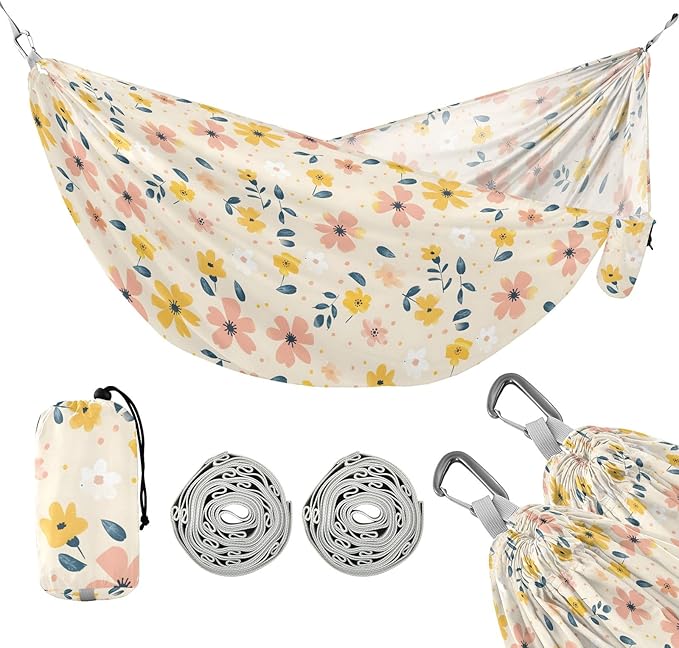 Camping Hammock Outdoor Hammocks for Outside Flower Creamcolor Beach Trees Portable Lightweight with Pockets Tree Straps Indoor Small