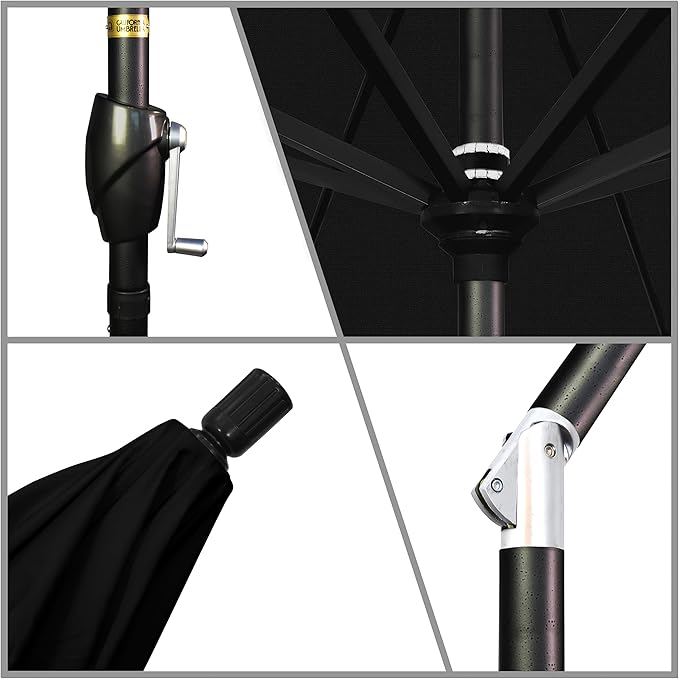 California Umbrella 9' Round Aluminum Market Umbrella, Crank Lift, Push Button Tilt, Black Pole, Black Olefin