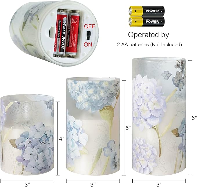 DRomance Hydrangea Glass Flameless Candles with Remote Timer Battery Operated LED Flickering Pillar Candles Real Wax Spring Dinner Christmas Holiday Decor D3 x H4, 5", 6"