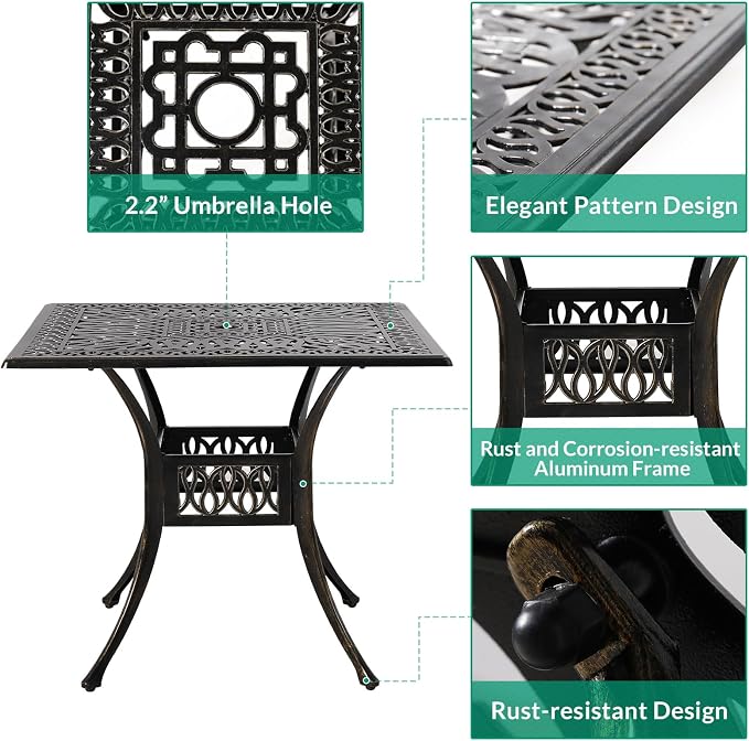VIVIJASON 5-Piece Outdoor Patio Dining Set, All-Weather Cast Aluminum Conversation Set, Patio Furniture Set, Include 4 Swivel Dining Chairs, a 35.4" Square Table w/Umbrella Hole, Red Cushion