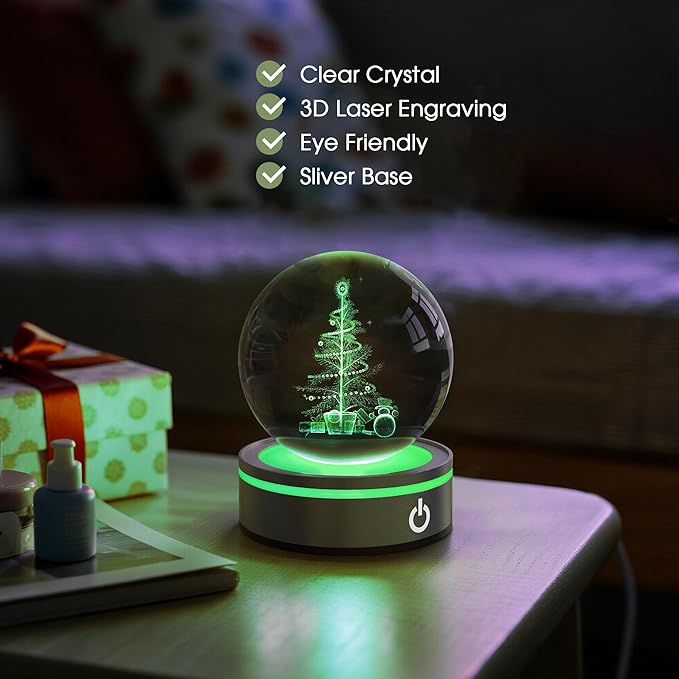 L LOHAS LED 3D Crystal Ball Night Light-Laser Engraved Christmas Tree with Silver Base, RGB 4-Color Changing Touch Control Night Light,USB Plug-in & Battery Powered,as a Gift for Girls & Wife
