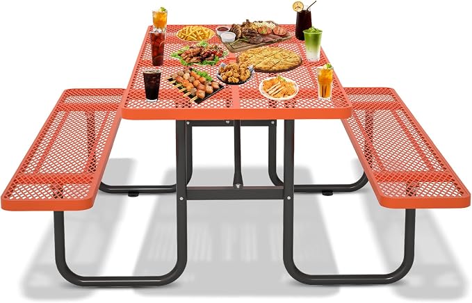 72'' Rectangular Steel Picnic Table for Outdoors,Commercial Metal Picnic Table with Umbrella Hole,Heavy Duty Sturdy Picnic Tables Furniture Set for Patio Garden Courtyard BBQ,Orange