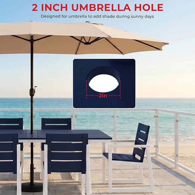 Costaelm Outdoor Dining Tables for Patio, 72" Rectangle 6-Person HDPE Dining Table with Umbrella Hole and Metal Frame for Outside, Garden, Poolside, Backyard, Porch, Balcony, Navy Blue