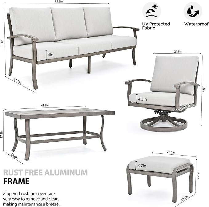 HAPPATIO 6 Piece Aluminum Patio Furniture Set, 3-Seat Outdoor Couch with Ottomans and Swivel Armchairs, All-Weather Outdoor Sectional Sofa with Comfortable Cushions and Coffee Table(Gray)