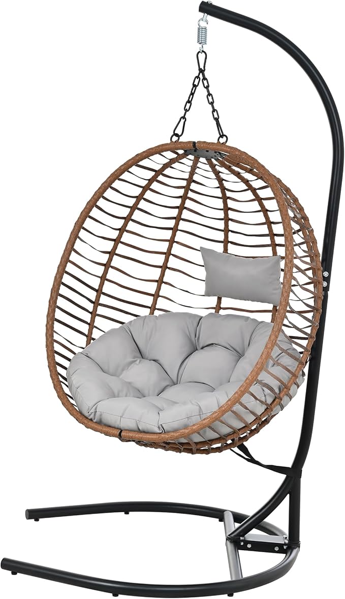 Folding Egg Chair, Outdoor Hanging Hammock Chair with Stand, Patio Wicker Hanging Chair with Iron Frame and Plush Cushion & Removable Headrest for Bedroom, Balcony, Garden (C-BrownGray)
