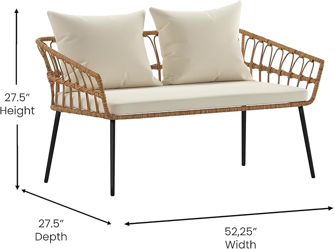 Flash Furniture Evin Boho 4 Piece Patio Conversation Set - Natural Rope Rattan - Cream All-Weather Cushions - Tempered Glass Top Coffee Table - Indoor/Outdoor