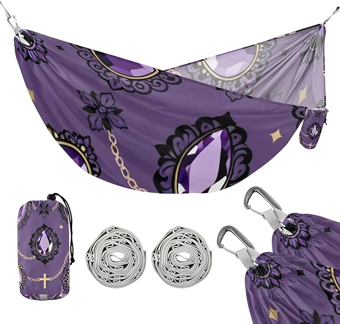 Purple Gem & Cross Pattern Outdoor Hammocks with Tree Straps Cloth Hammock for Camping Travel Accessories