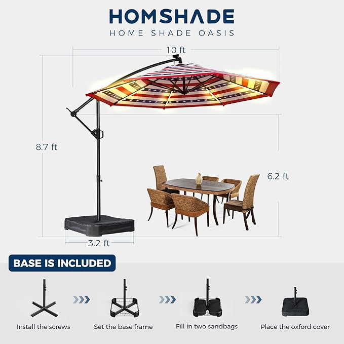 HOMSHADE 10 ft Offset Patio Umbrella with Solar Lights, LED Lighted Umbrella Outdoor Patio with Base Included, American Flag Umbrellas for Patriotic Decorations, Stars and Stripes Style