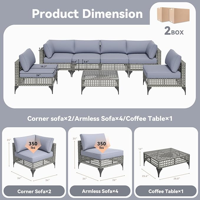 AECOJOY 7-Piece Patio Outdoor Furniture Set with Tea Table, Boho Outdoor Sectional Furniture Sofa PE Rattan Wicker Conversation Set, Grey Rattan&Blue Cushions