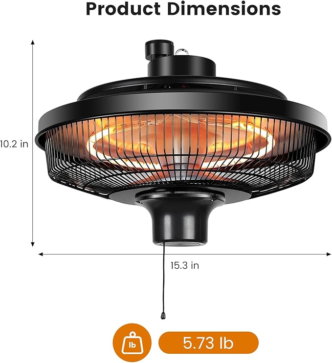 Fanspex Hanging Patio Heater, 1500W Electric Infrared Heaters for Home, Gazebo, Garage, Greenhouse, Ceiling Mount with Overheat Protection, IPX4 Water Resistance, Adjustable Height (Black)