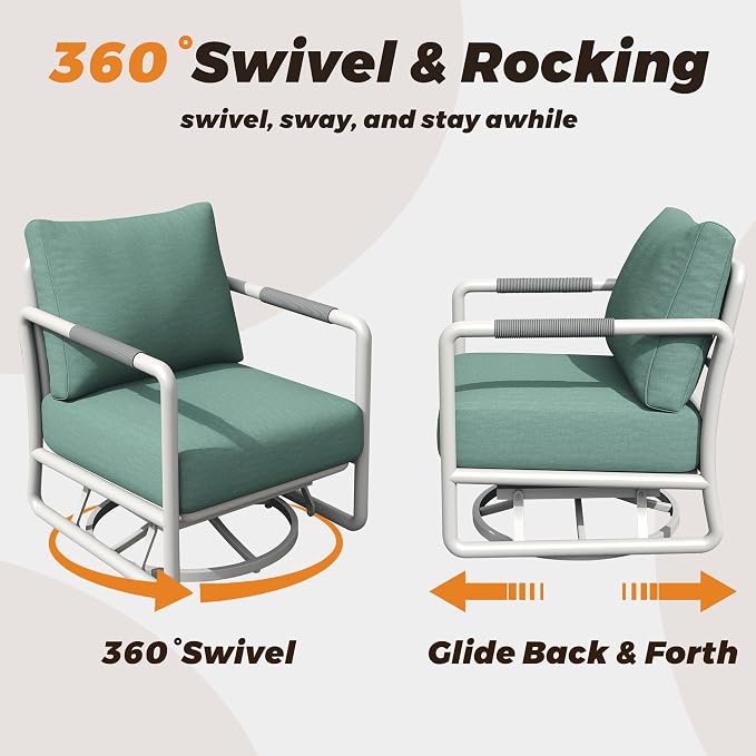 3-Piece Aluminum Patio Furniture Set, Outdoor Swivel Rocking Chairs with 6.5" Thick Cushions & Coffee Table, All-Weather Rust-Resistant Frame Conversation Set for Porch, Garden, Backyard, White