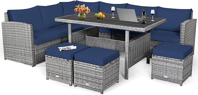 HAPPYGRILL 7 Pieces Rattan Wicker Patio Conversation Set, Outdoor Patio Furniture Set with Cushions, Rattan Sofa Set with Dining Table & Ottomans for Poolside Backyard Balcony Garden (Navy)