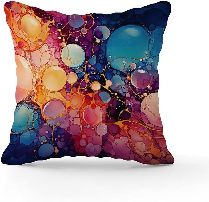 Ink Rainbow Shapes with Gold Pillowcase Abstract Alcohol Ink Textures Throw Pillow Cover Farmhouse Outdoor Waterproof Decorative Pillow Cover for Patio Couch Bench 16x16 in