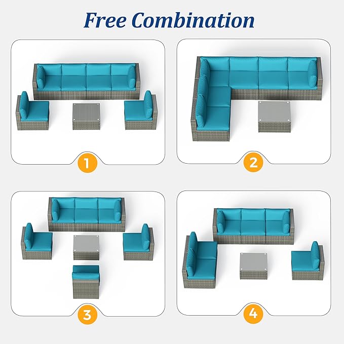 RoyalCraft 7-Piece Modular Patio Furniture Set, Wicker Outdoor Sectional Sofa with Cushions and Coffee Table, All Weather Patio Conversation Sets for Porch Balcony Backyard, Light Blue