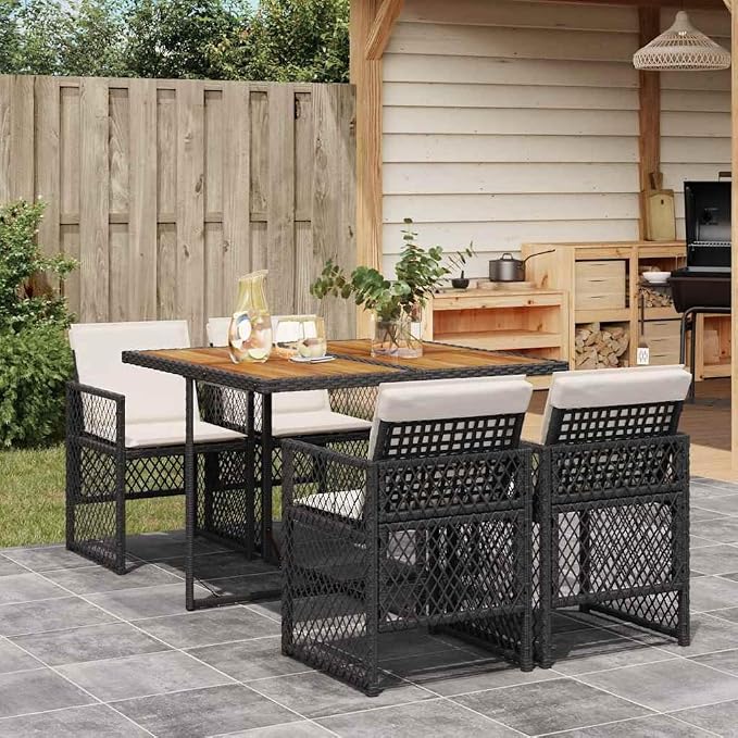 5-Piece Garden Dining Set Black Cream White Outdoor Patio Furniture with UV-Protected Poly Rattan and Acacia Wood Table, 4 Foldable Chairs with Removable Cushions for Balcony Backyard Entertaining