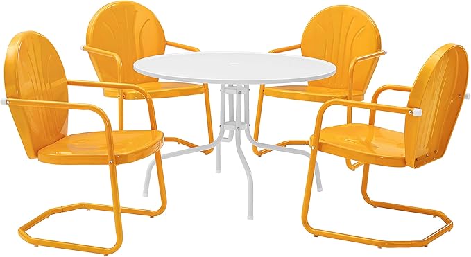 Crosley Furniture Griffith 5-Piece Outdoor Dining Set for 4, Retro Metal Round Patio Table and Chairs, White and Tangerine