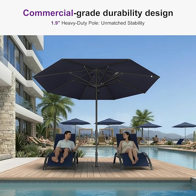 PURPLE LEAF 11Ft Round Semi-Auto Outdoor Patio Umbrella Aluminium Market Umbrella Table Sun Umbrella with 1.89" Rod and 8 Sturdy Ribs for Deck Lawn Pool Garden, Navy Blue