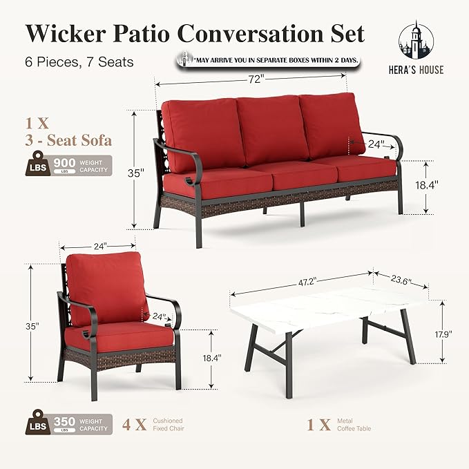 HERA'S HOUSE 6 Piece Metal Patio Furniture Set, All Weather Outdoor Conversation Set with 3-Seat Sofa, 4 Fixed Chairs & Coffee Table, 7 Seats for Backyard, Garden, Deck, Red