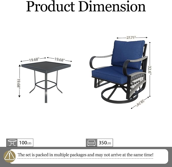 3 Pieces Outdoor Furniture Set, Metal 360° Swivel Rocking Chairs Bistro Sets, Patio Conversation Set with Side Table for Deck, Porch, Garden, Backyard, Poolside (Blue Cushions)