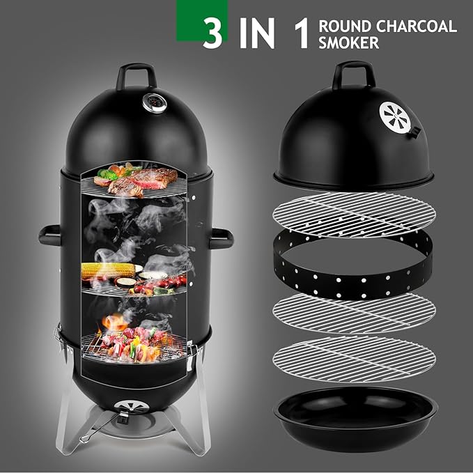 VINGLI 4-Tier 3-in-1 Vertical Charcoal Grill, 18.8 Charcoal Smoker with Built-in Thermometer, Air Vent and Access Doors, Perfect for Outdoor Cookings, Camping, Picnics, BBQs, and Tailgating Parties