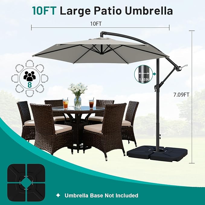 AreShark 10FT Patio Outdoor Umbrella, Offset Patio Umbrella Cantilever Umbrella, 6 Sturdy Ribs, Easy Adjustment for Garden Market Pool with Cross Base (Light Gray)