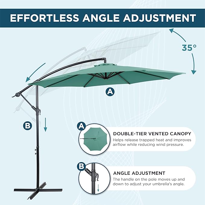 10FT Offset Patio Umbrella, Cantilever Hanging Umbrella with Infinite Tilt, Fade-Resistant Water-Repellent Canopy & Cross Base for Yard, Garden & Deck