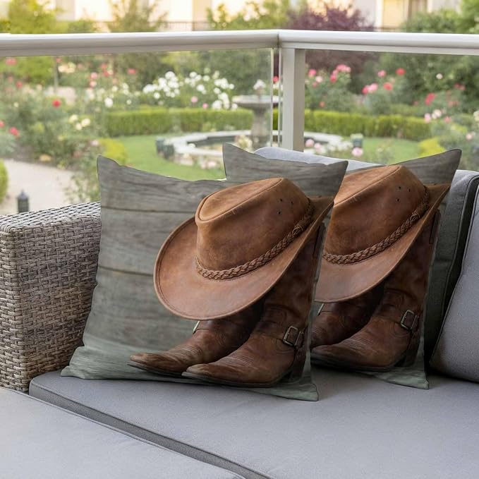 Outdoor Throw Pillow Covers,Western Cowboy Boots Hat Waterproof Decorative Pillowcases Cushion Cover Farm Wooden Plank Pillow Cases for Patio Couch Sofa Bed,24x42in Set of 2