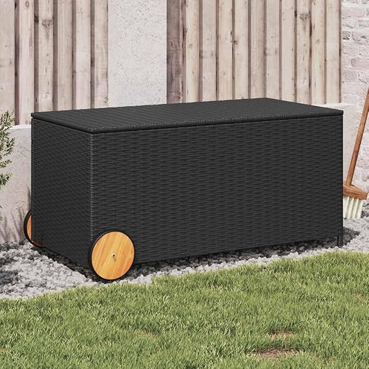 Garden Storage Box with Wheels Black 50.2 Gal Poly Rattan Resin Wicker Chest Outdoor Patio Deck Cushion Container with Lid for Backyard Furniture and Pool Toy Organizer