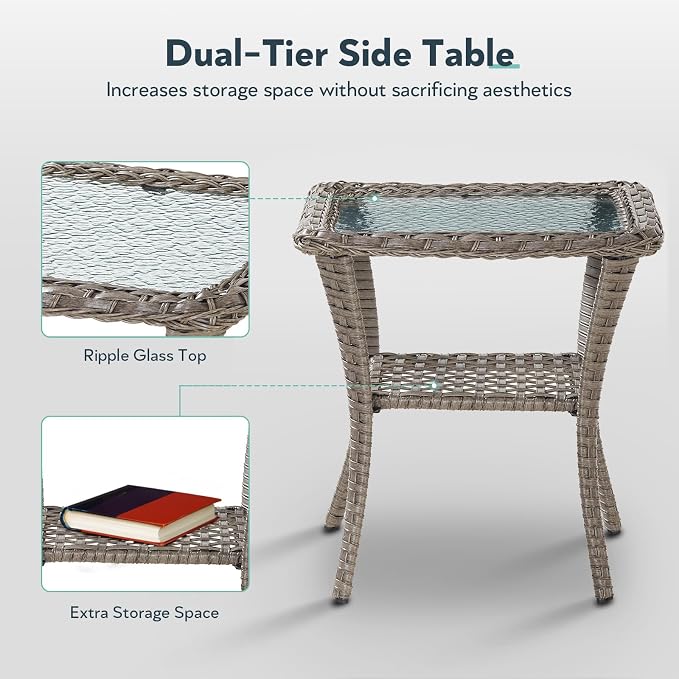 7 Piece Patio Furniture Set with Fire Pit Table - Wicker Patio Conversation Set with Swivel Glider, Glider Loveseat, Side Table and 2 Ottomans for Deck Backyard - Grey Wicker Red Cushion