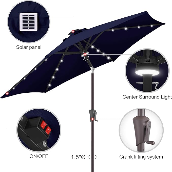 10ft Solar Patio Umbrella - Outdoor Umbrella with Centre Surround Light 24 LED Lights, Market Table Umbrella with Tilt for Pool, Porch, Garden, Deck, Backyard UV Protection (Navy Blue)