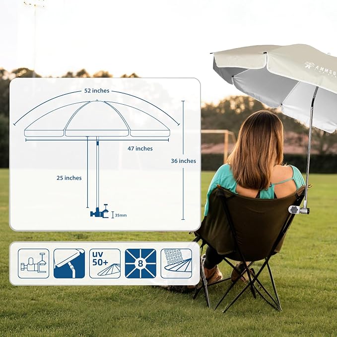 AMMSUN Chair Umbrella with Universal Clamp Adjustable 47 inches and 360° Swivel & UPF 50+ Protection Portable Sun Umbrella, Secure Clip on Camping/Beach Chairs, Stroller, Wheelchair, Golf cart, Lounger, Beige, 2 PACK